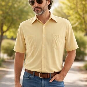 Vintage Mens Large 70s Montgomery Ward Gold Poly Knit Shirt 46 Chest